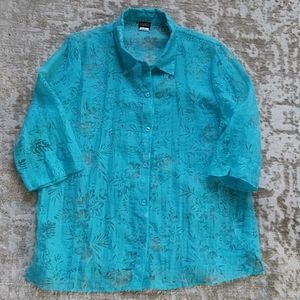 Salon Studio Floral Semi-Sheer Button Down Top Size Large